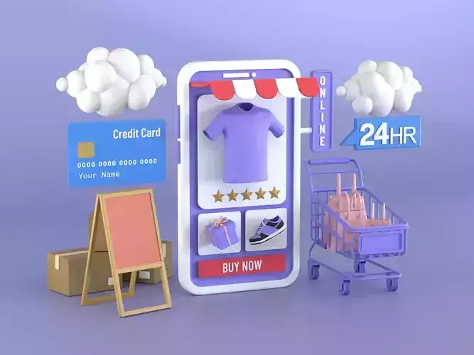 Cartoon 24 Hours Shopping 3D Icon Illustrator Low Poly