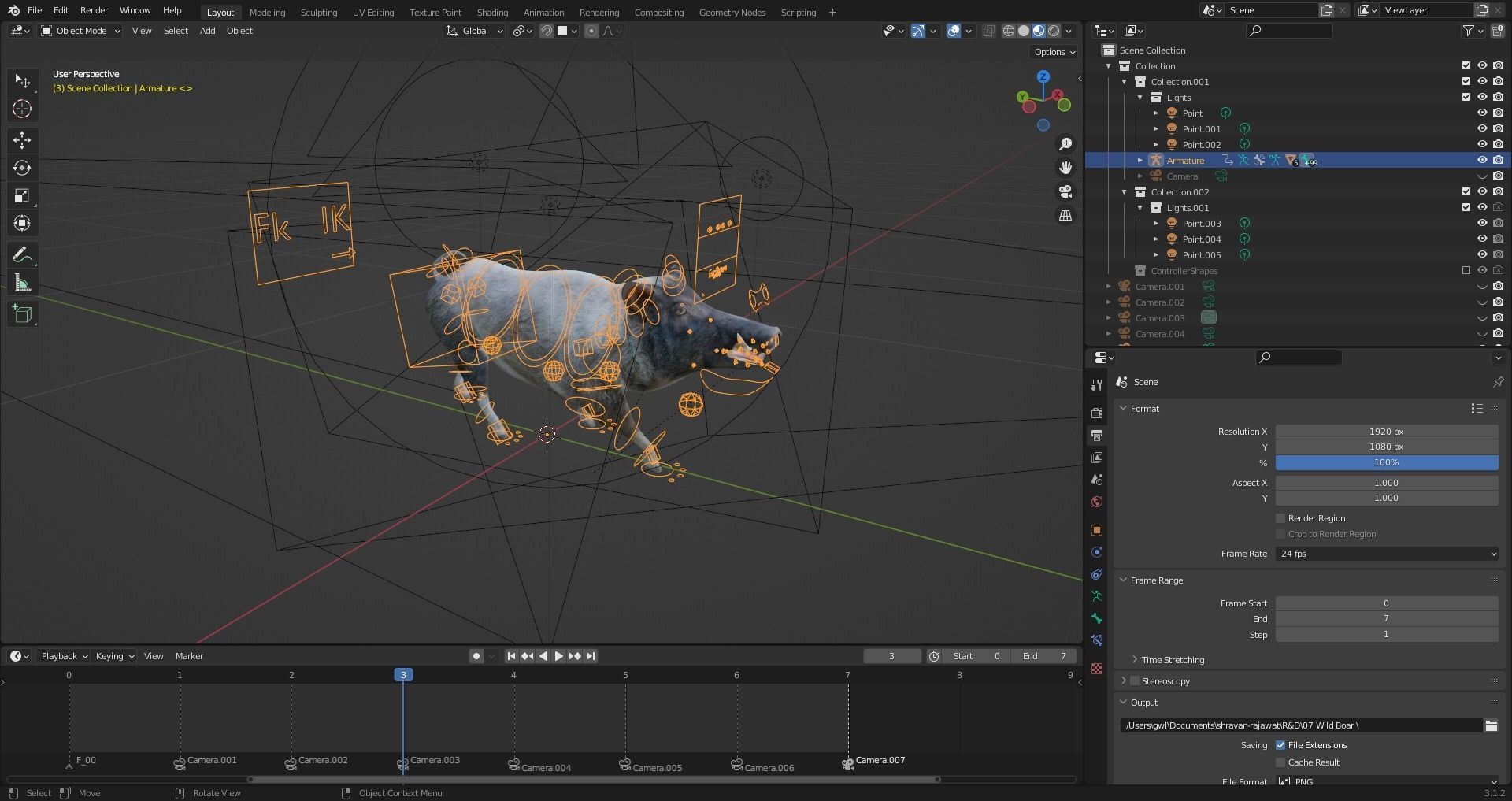 Fur Black Wild Boar Rigged V07 in Blender  Low-poly 3D model_13