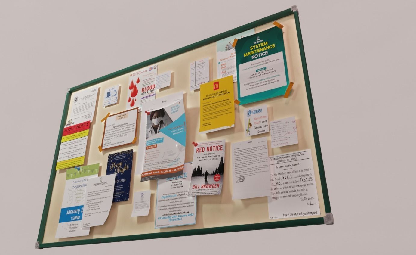 Notice board office wall notice board Low-poly 3D model_1
