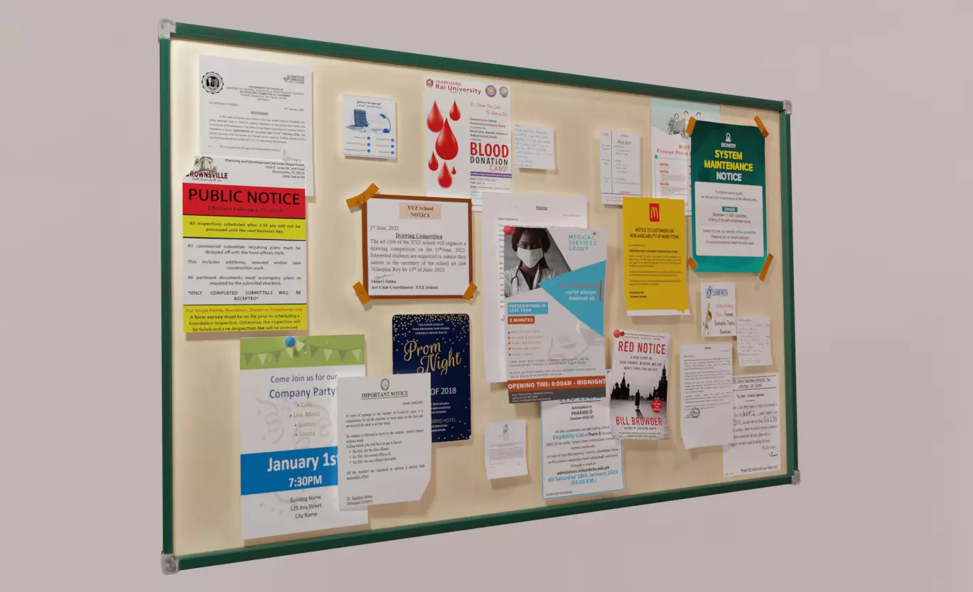 Notice board office wall notice board Low-poly 3D model_0
