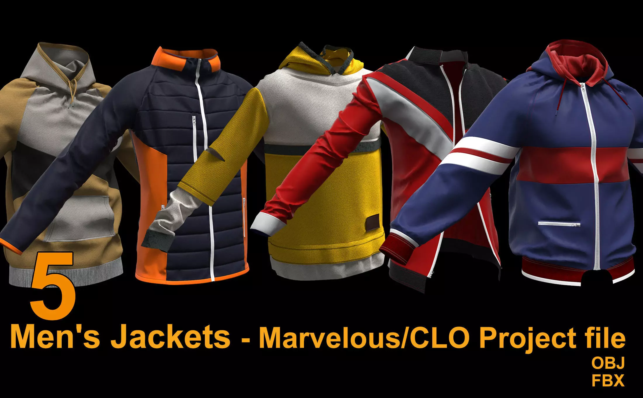 5 mens Jacket Hoodie Marvelous CLO Project file 3D model | CGTrader