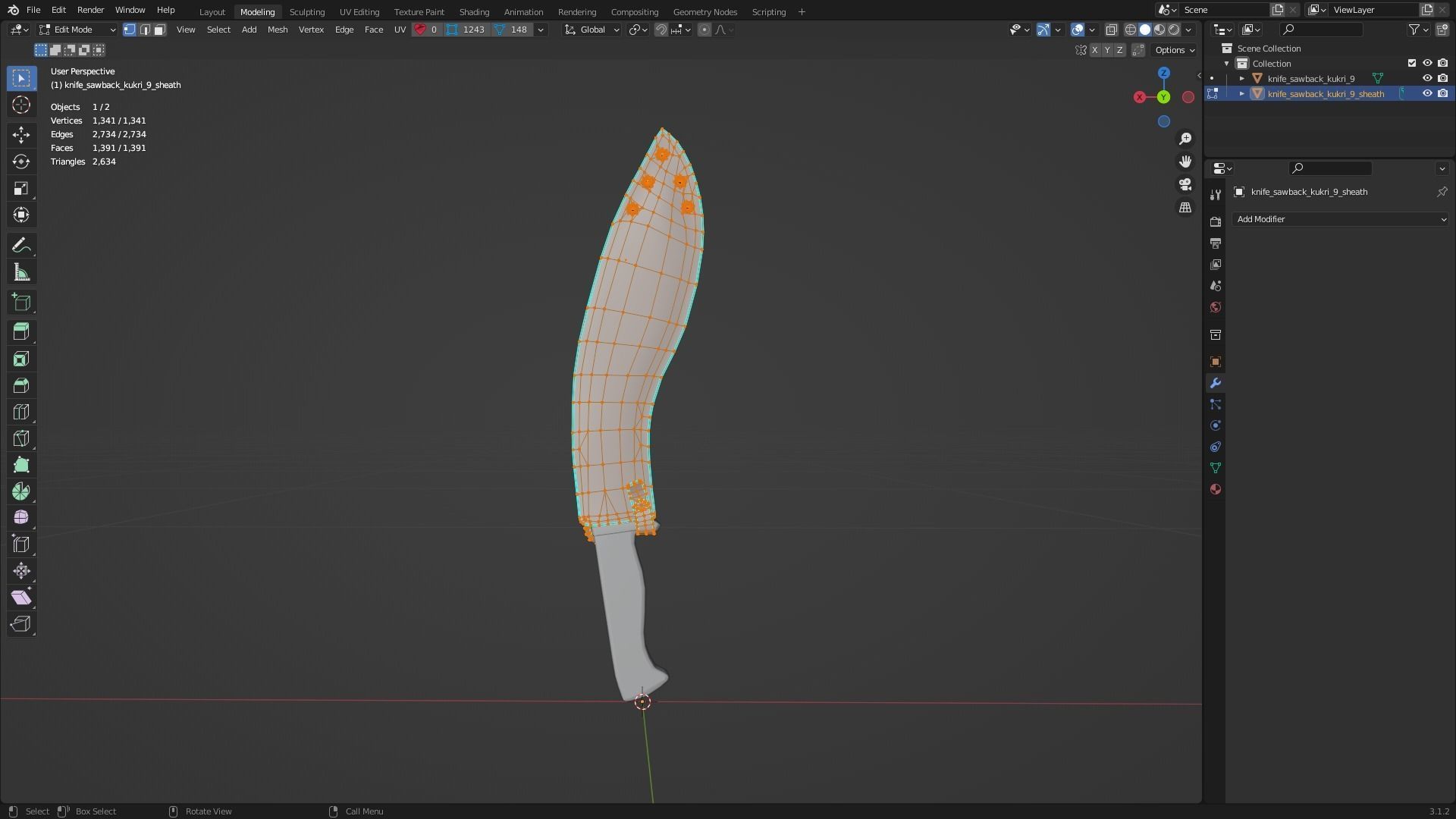 Knife Sawback Kukri with Sheath Low-poly 3D model_14