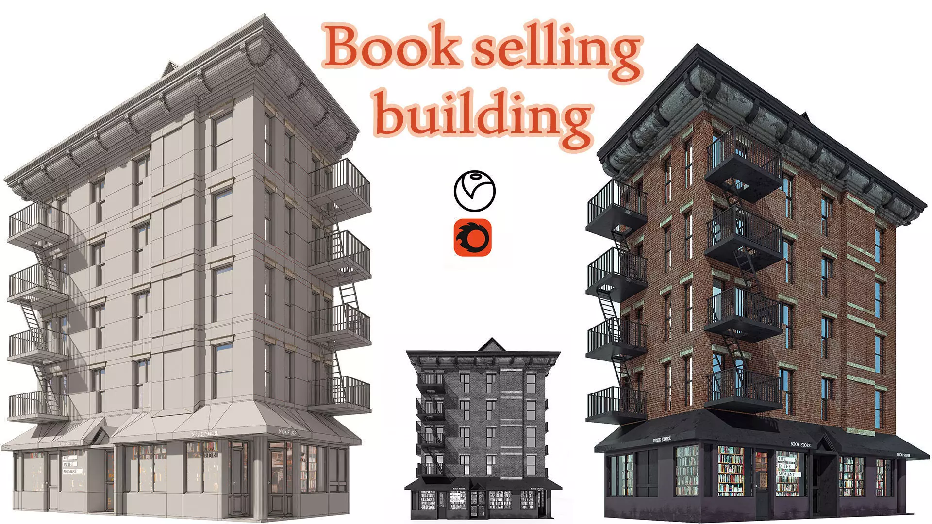 Book selling building Low-poly 3D model_0