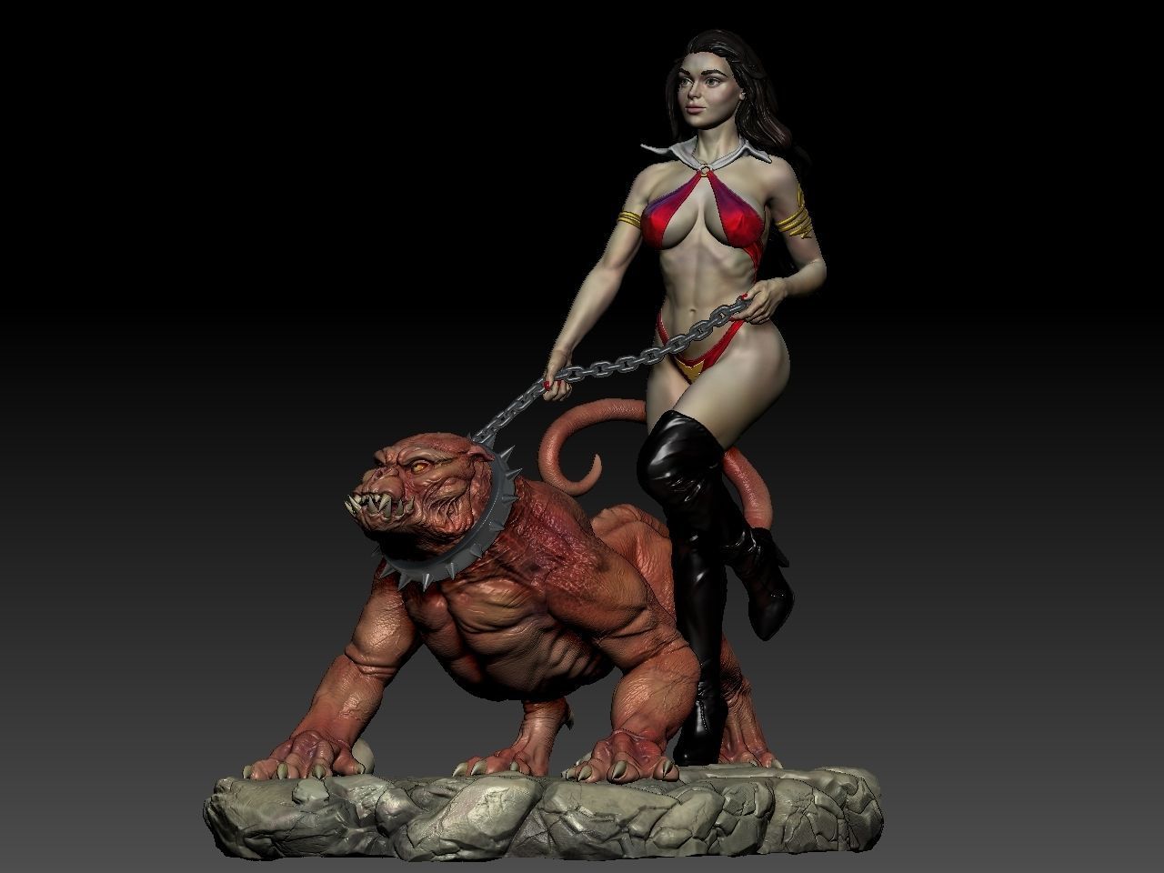 Vampirella woman riding lion 3D print model_5