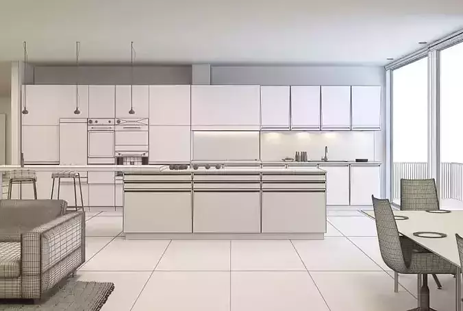 White Kitchen And Living Room