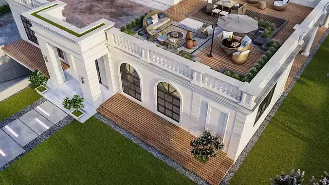 Neoclassical House design with roof top landscape 3D model