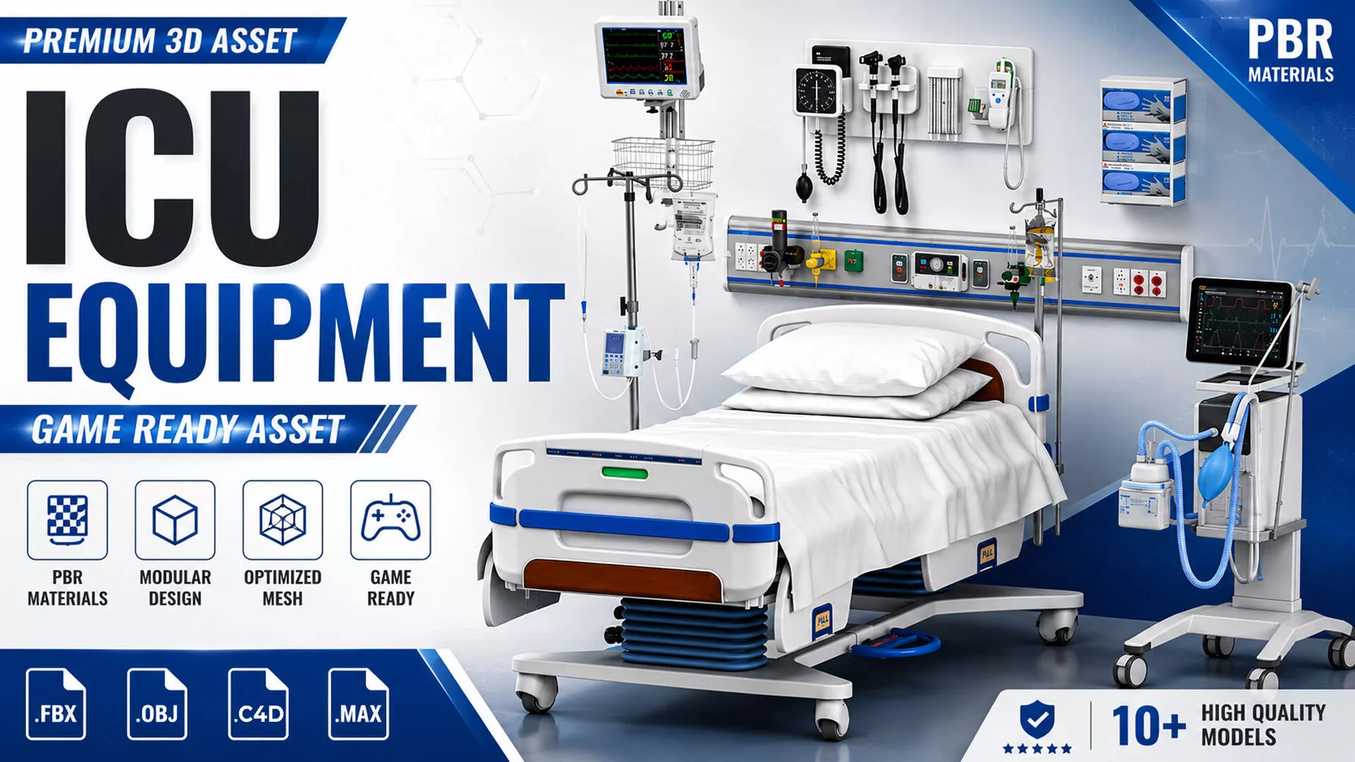 ICU Equipment Pack Hospital Bed and Medical Devices Low-poly 3D model