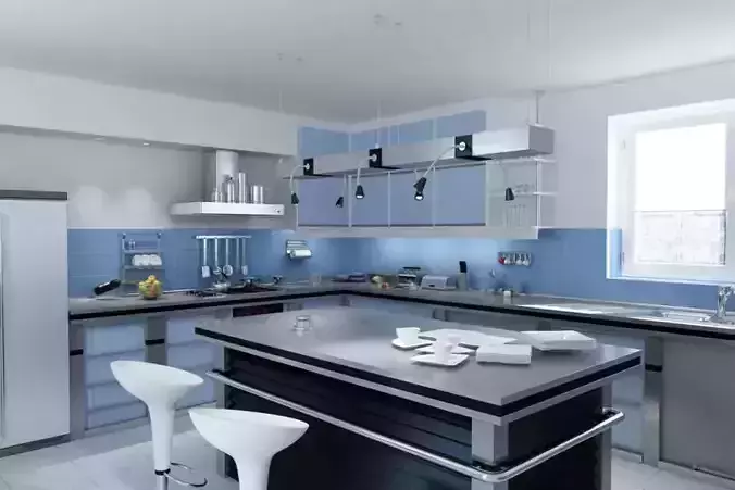 Blue Kitchen With An Island Bar Table