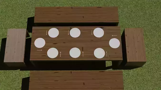 tavola legno con piatti wooden table with plates and forks 3D model