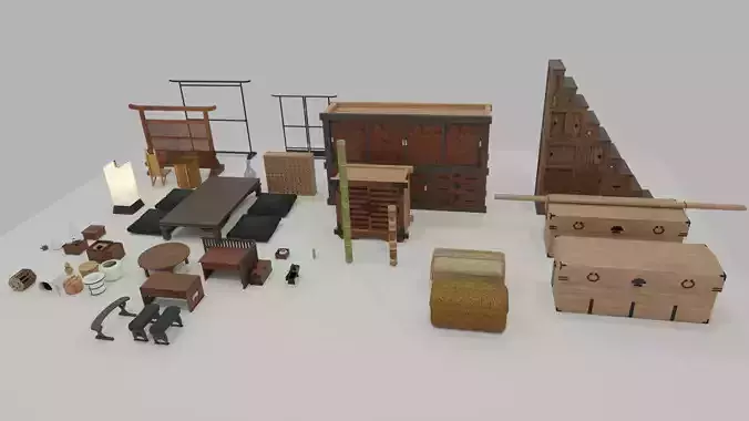 45 sets of furnitures and tools in old Japanese dining room 3D model