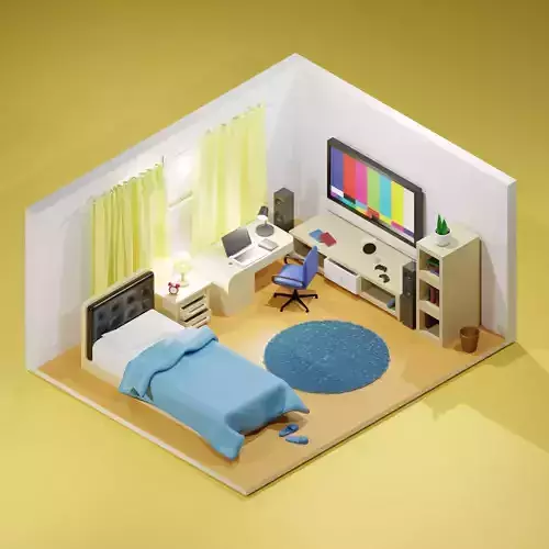 VR  AR  Lowpoly Isometric Bedroom 3D Model Low-poly 3D model