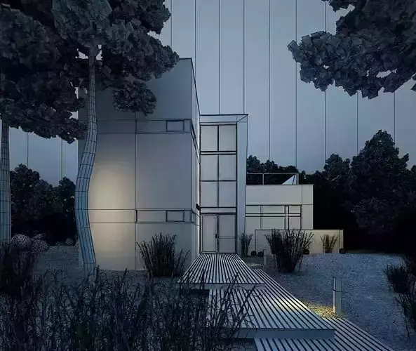 Wooden Villa With Lightning In A Forest