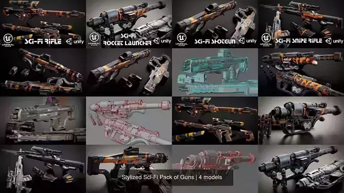 Stylized Sci-Fi Pack of Guns 3D Model Collection