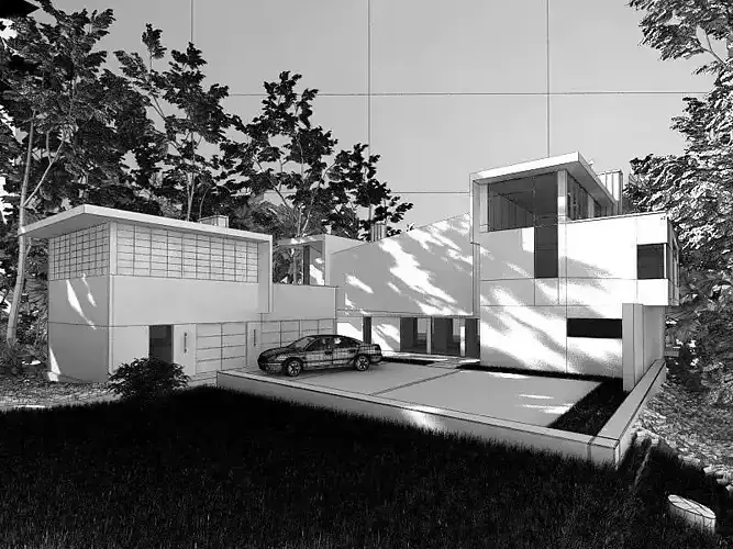 Fancy Wooden Villa With A Red Auto 3D model