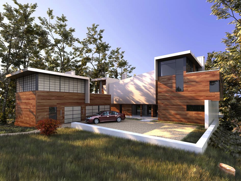 Fancy Wooden Villa With A Red Auto 3D model_1