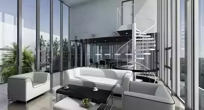 White Luxurious Interior With Large Windows