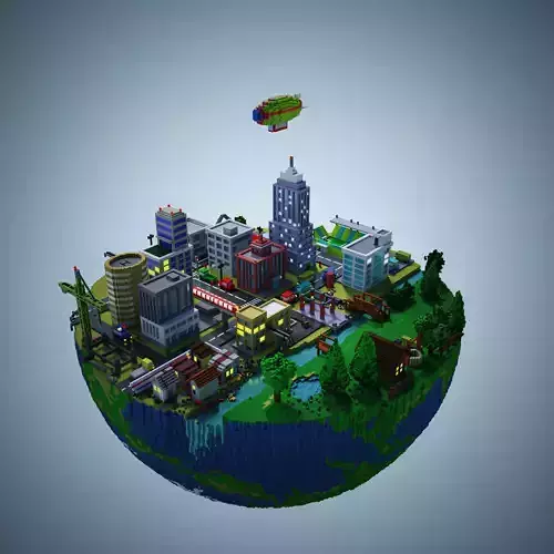 Earth with city and village landscape voxel