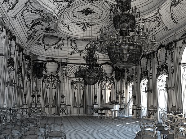 Baroque Hall With Piano And Chairs 3D model_1