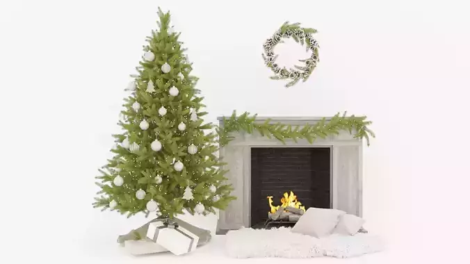 Set Christmas tree 12 wtih fireplace and garland mistletoe 2017