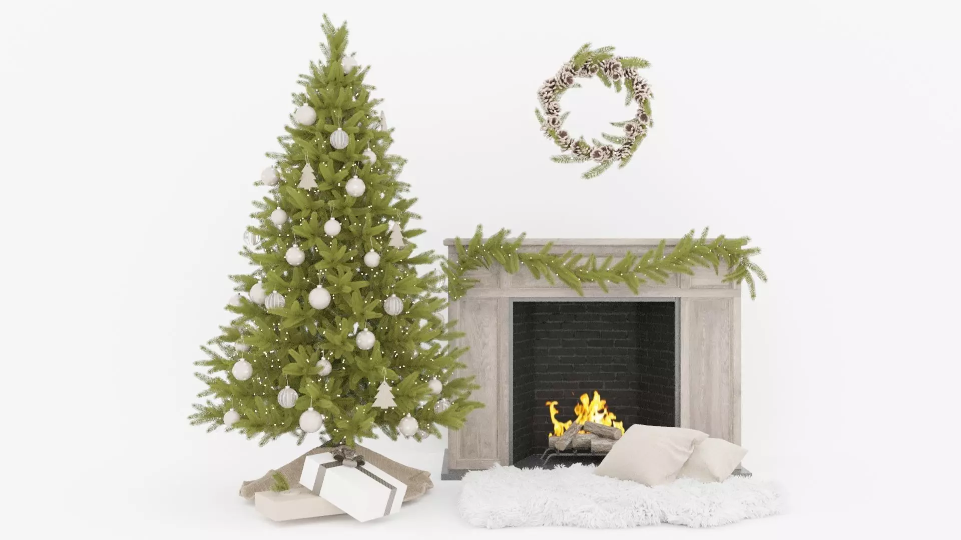Set Christmas tree 12 wtih fireplace and garland mistletoe 2017 3D model_0