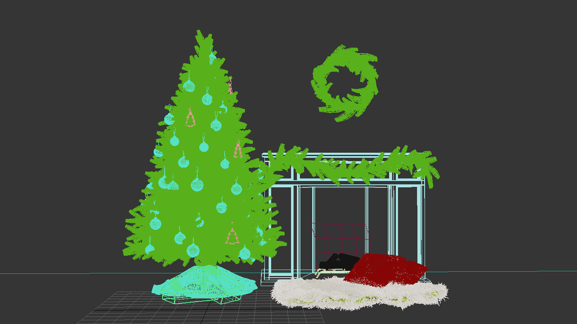 Set Christmas tree 12 wtih fireplace and garland mistletoe 2017 3D model_6