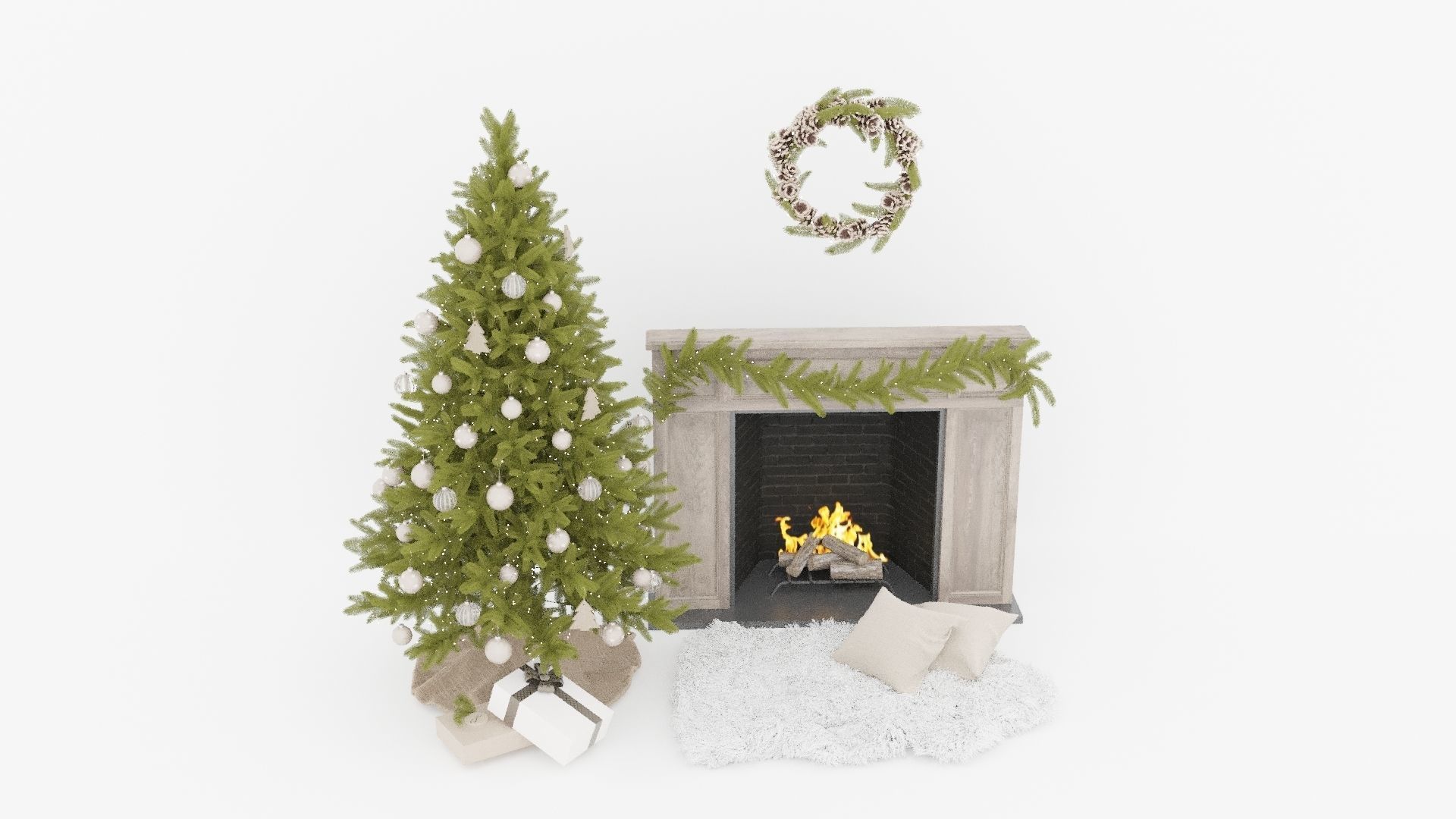 Set Christmas tree 12 wtih fireplace and garland mistletoe 2017 3D model_5