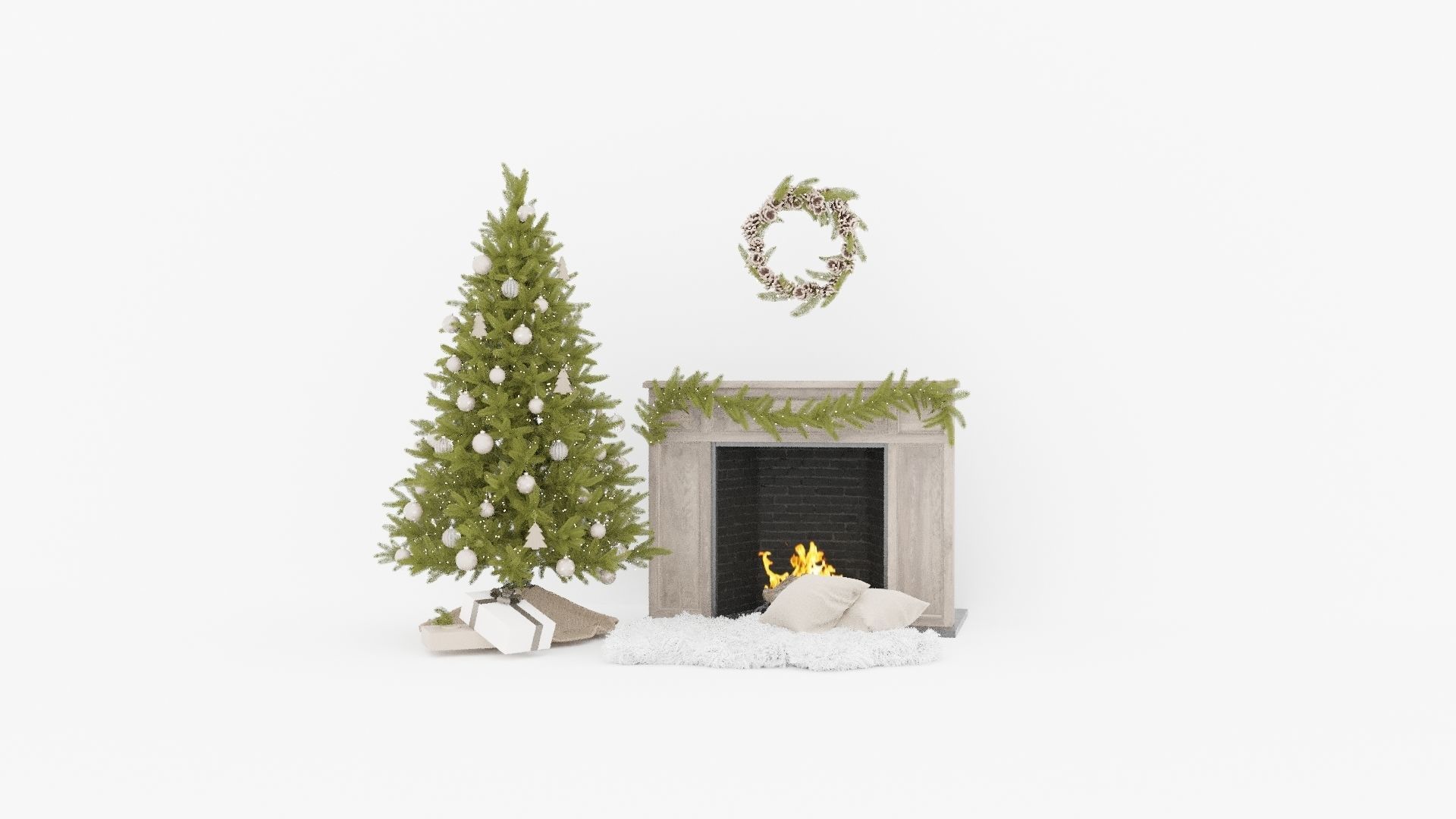 Set Christmas tree 12 wtih fireplace and garland mistletoe 2017 3D model_4