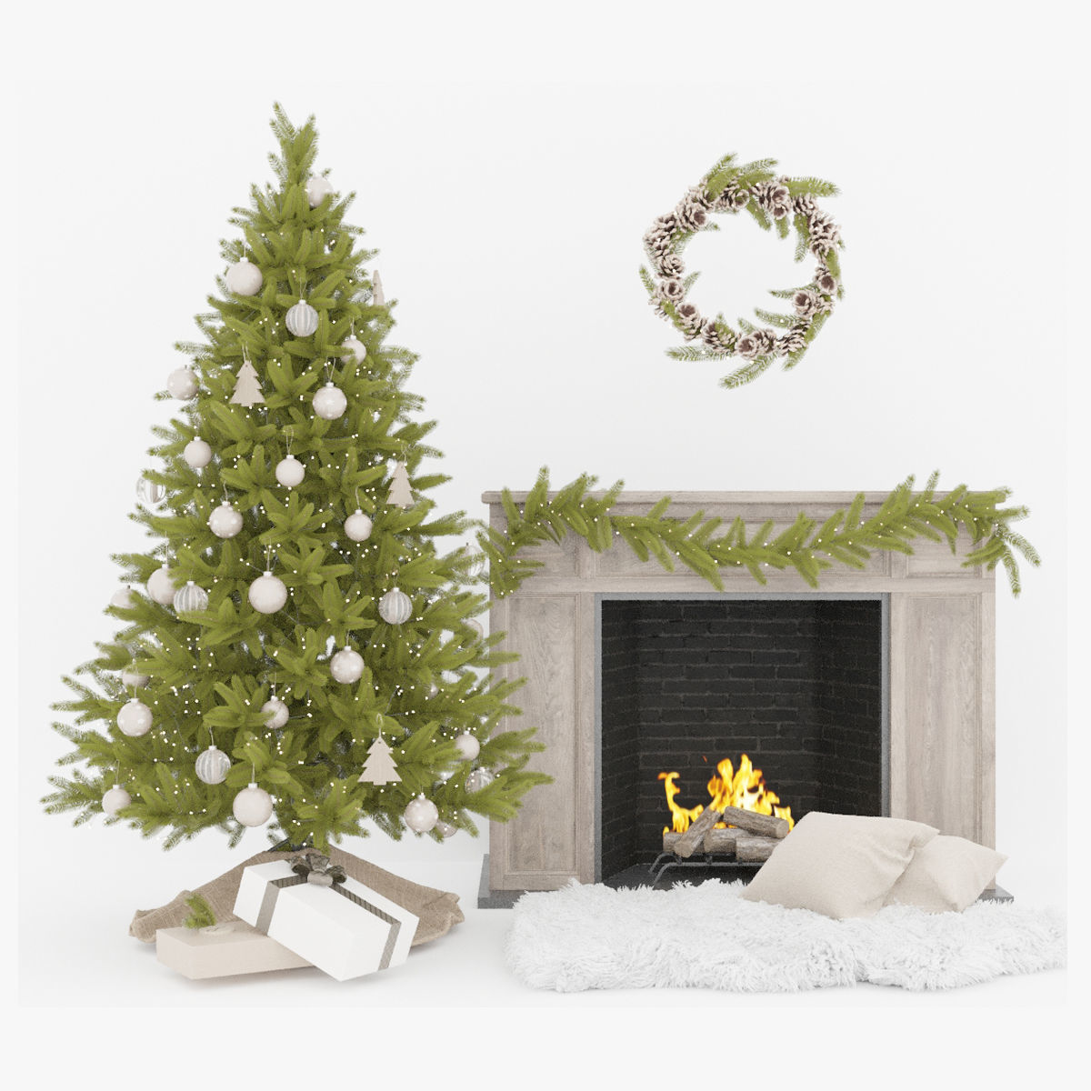 Set Christmas tree 12 wtih fireplace and garland mistletoe 2017 3D model_1