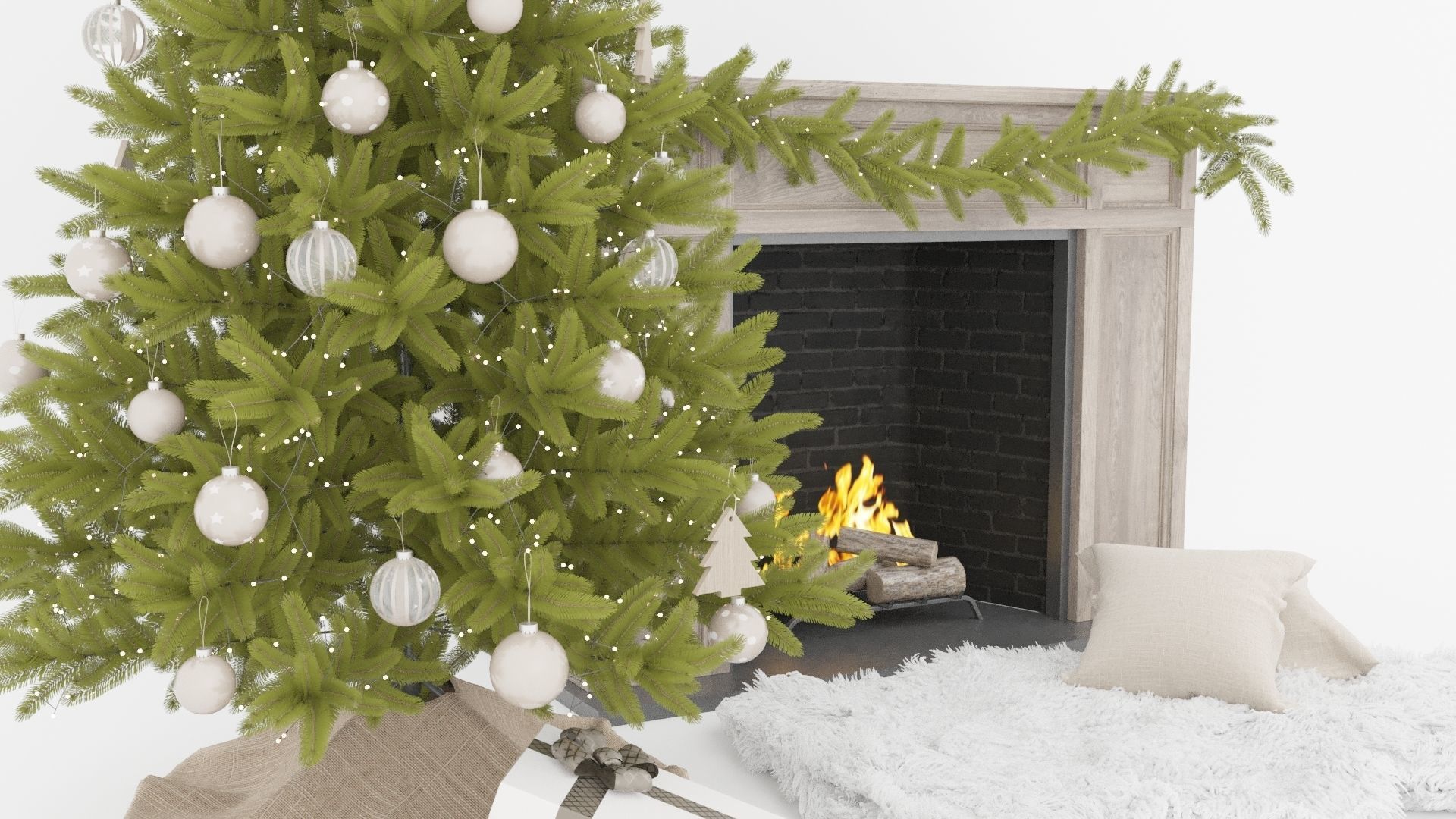 Set Christmas tree 12 wtih fireplace and garland mistletoe 2017 3D model_2