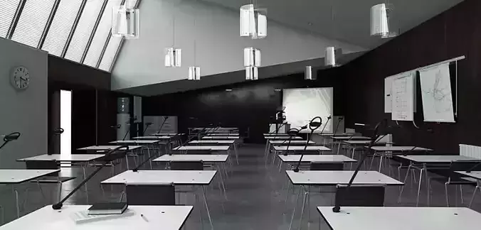Black And White Classroom With Engineering Posters 3D model