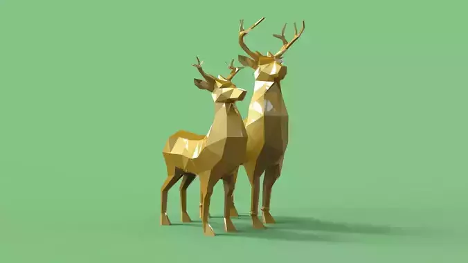 LOW POLY REINDEERS two golden deer