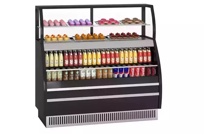 Supermarket Refrigerator with juices coca cola  red bull donuts 