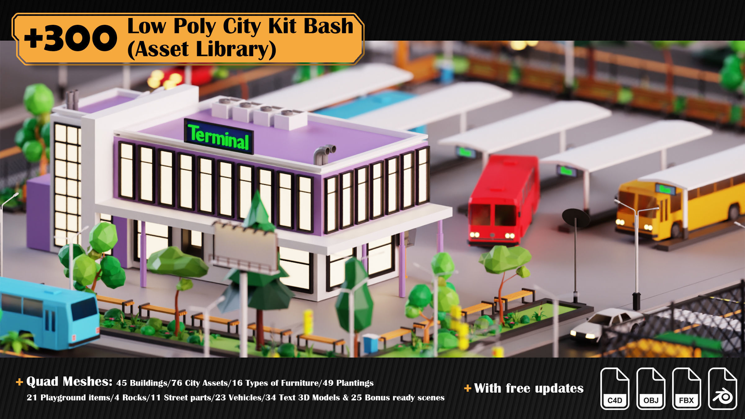 Low Poly City Asset Library 300 Objects Kitbash Low-poly 3D model_9