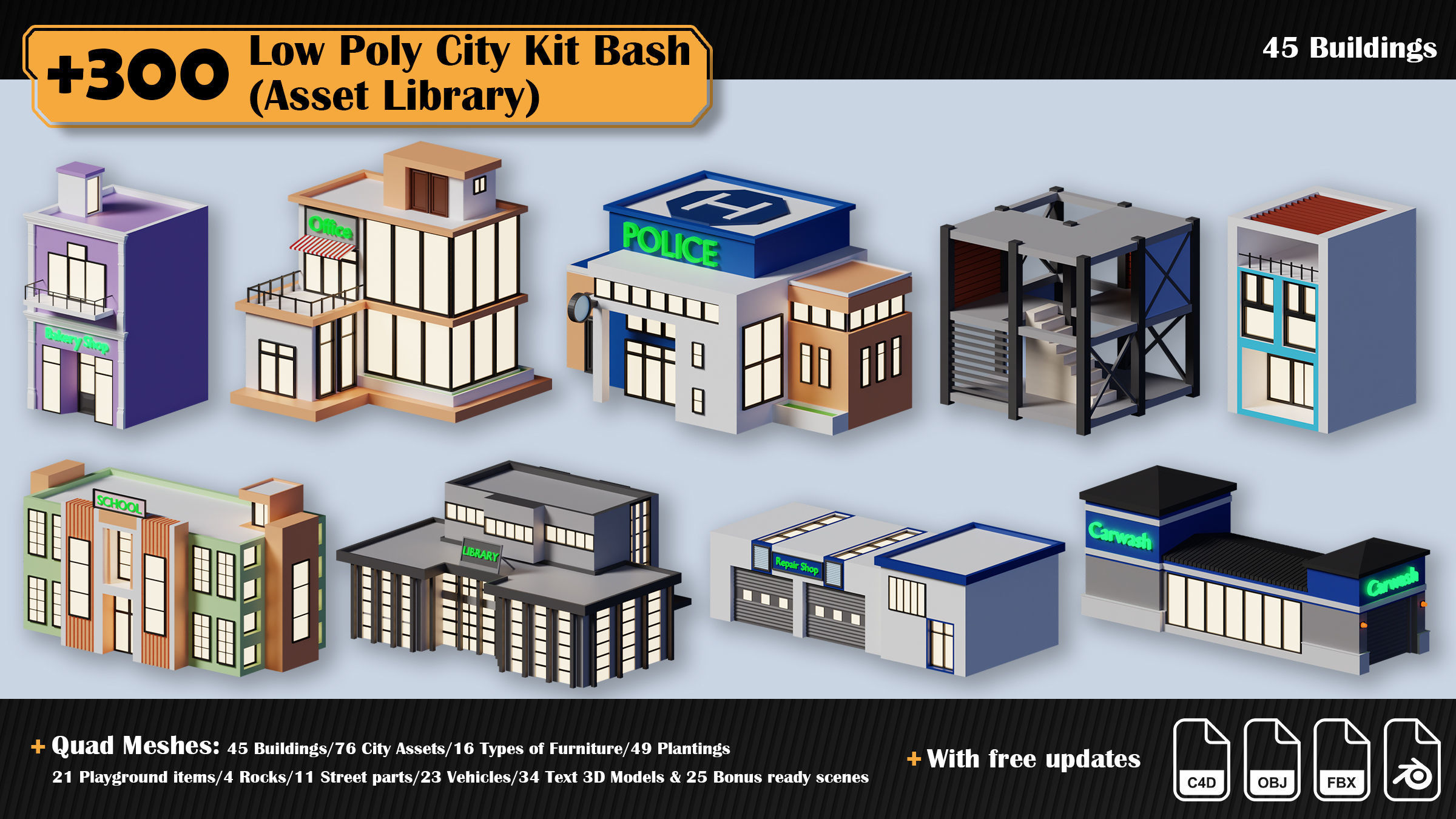 Low Poly City Asset Library 300 Objects Kitbash Low-poly 3D model_32