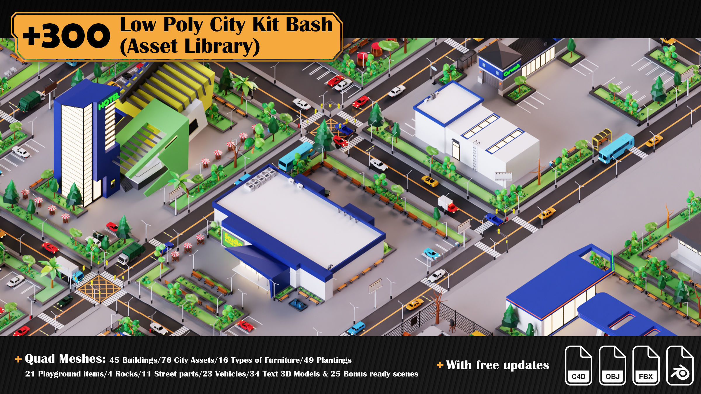 Low Poly City Asset Library 300 Objects Kitbash Low-poly 3D model_2