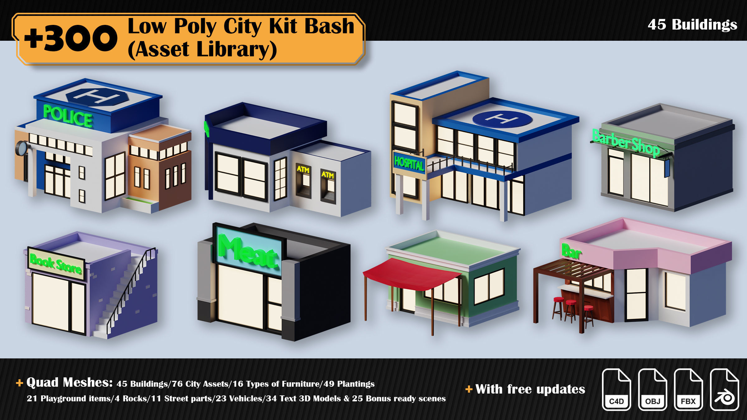 Low Poly City Asset Library 300 Objects Kitbash Low-poly 3D model_35