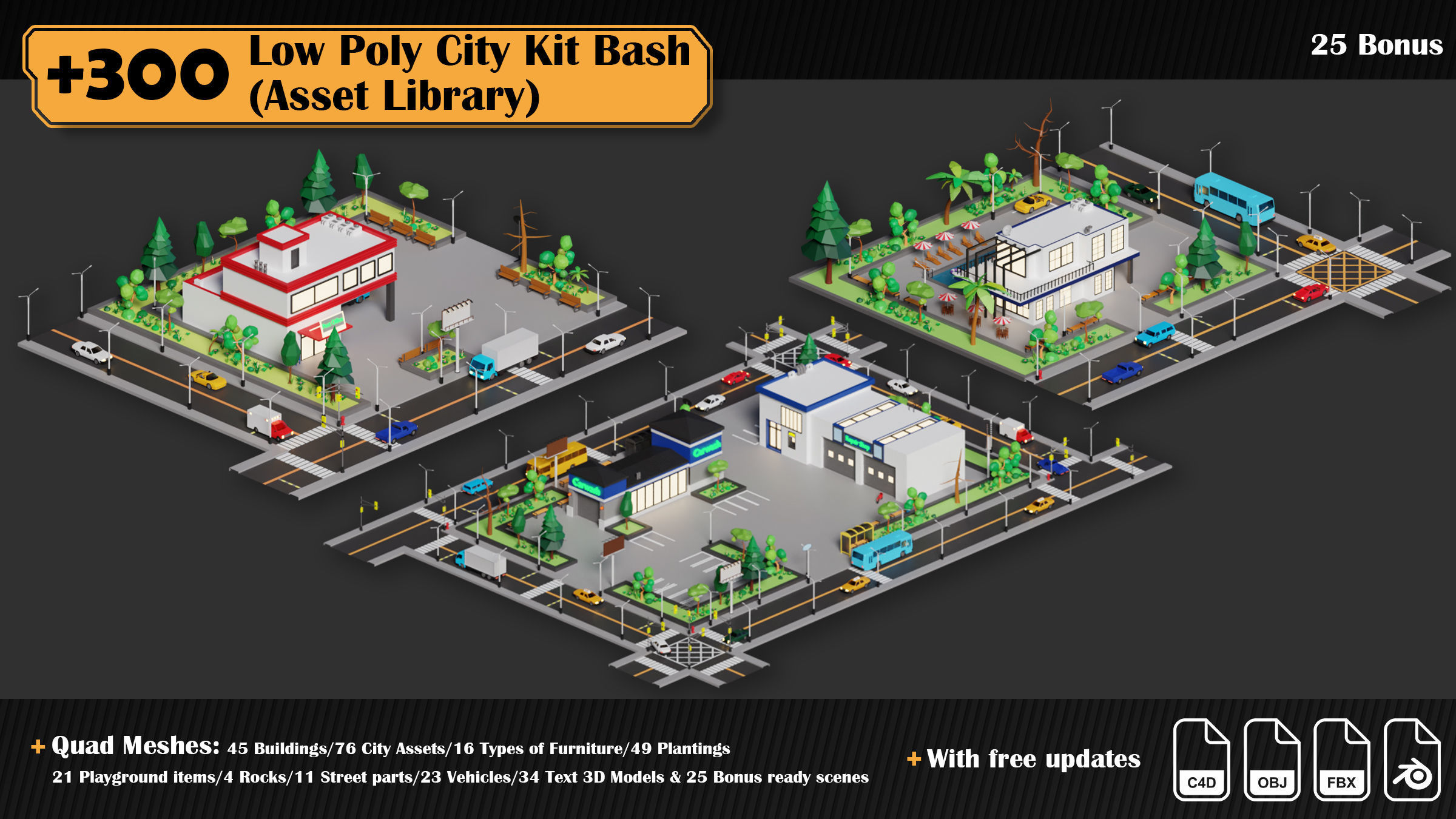 Low Poly City Asset Library 300 Objects Kitbash Low-poly 3D model_29