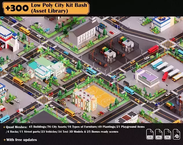 Low Poly City Asset Library 300 Objects Kitbash Low-poly 3D model