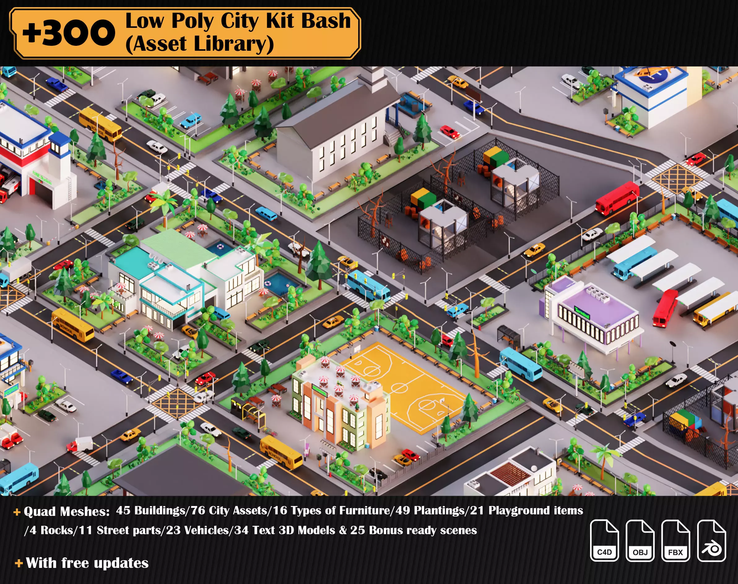 Low Poly City Asset Library 300 Objects Kitbash Low-poly 3D model_0
