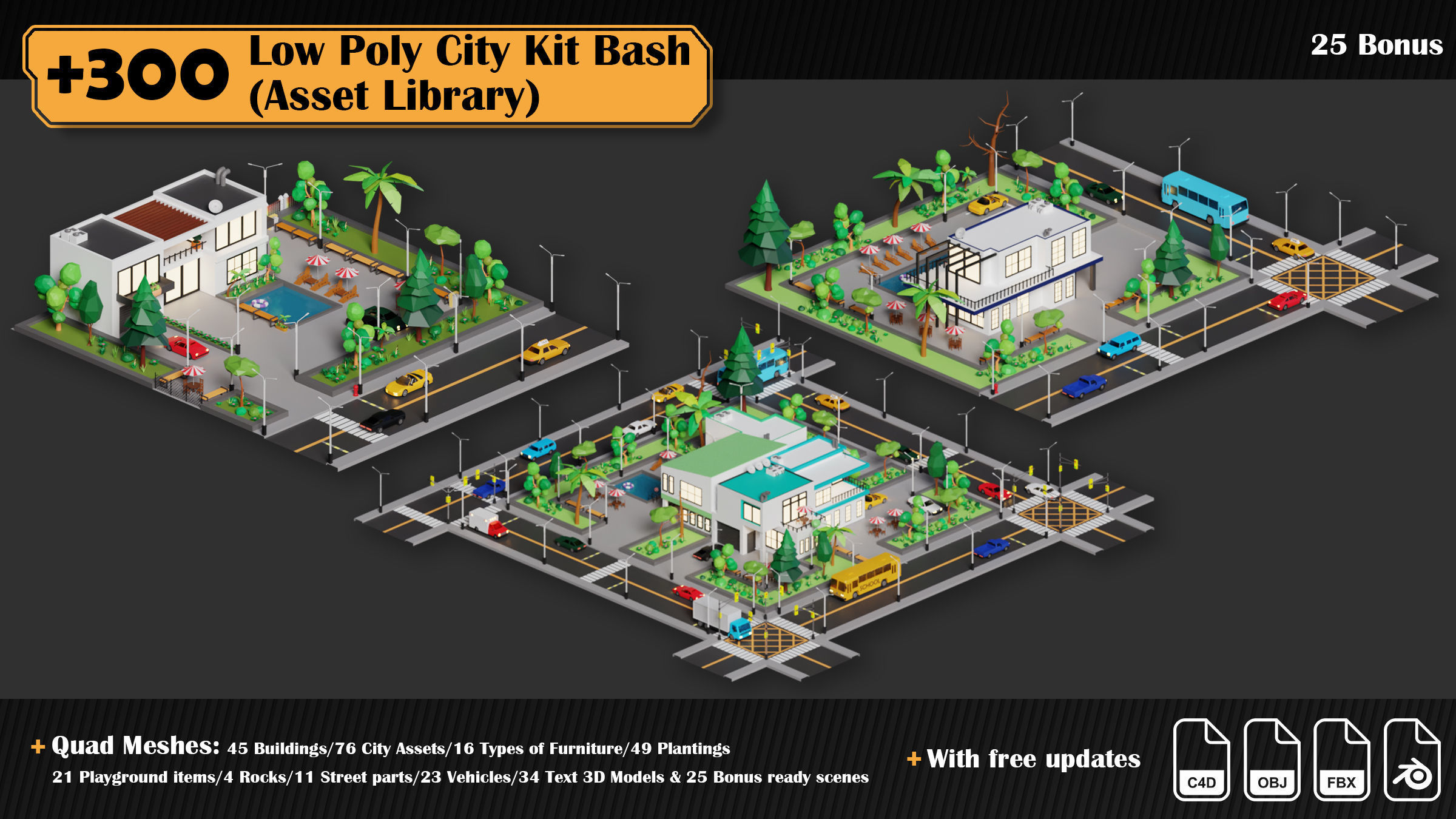 Low Poly City Asset Library 300 Objects Kitbash Low-poly 3D model_26