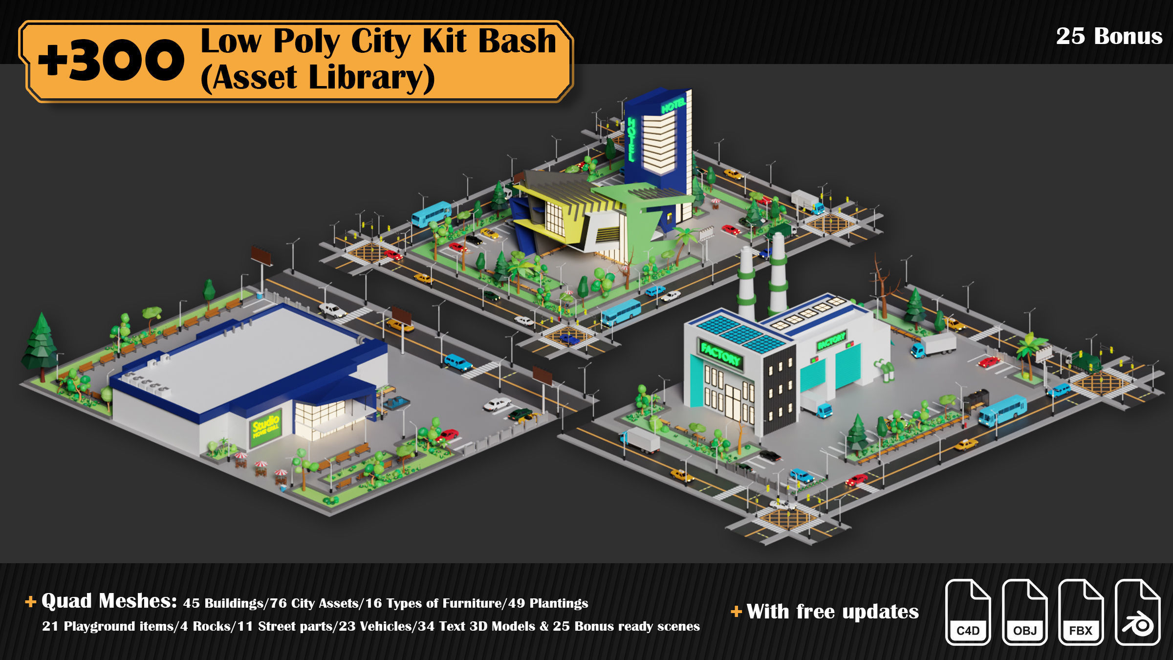 Low Poly City Asset Library 300 Objects Kitbash Low-poly 3D model_24