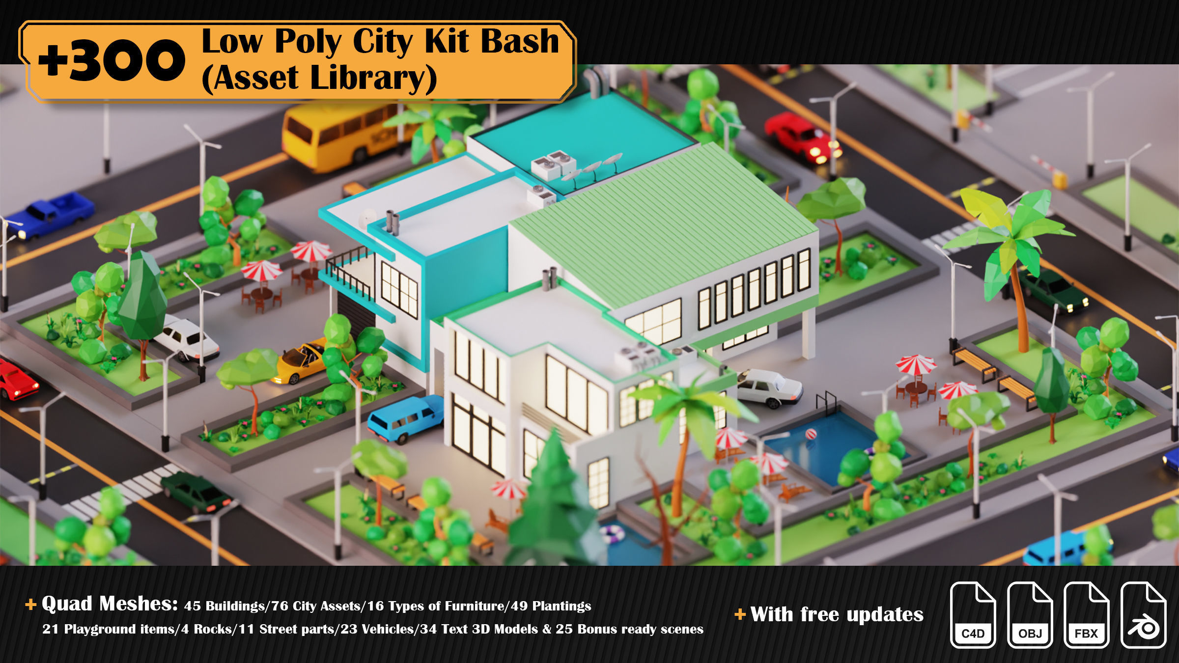 Low Poly City Asset Library 300 Objects Kitbash Low-poly 3D model_3