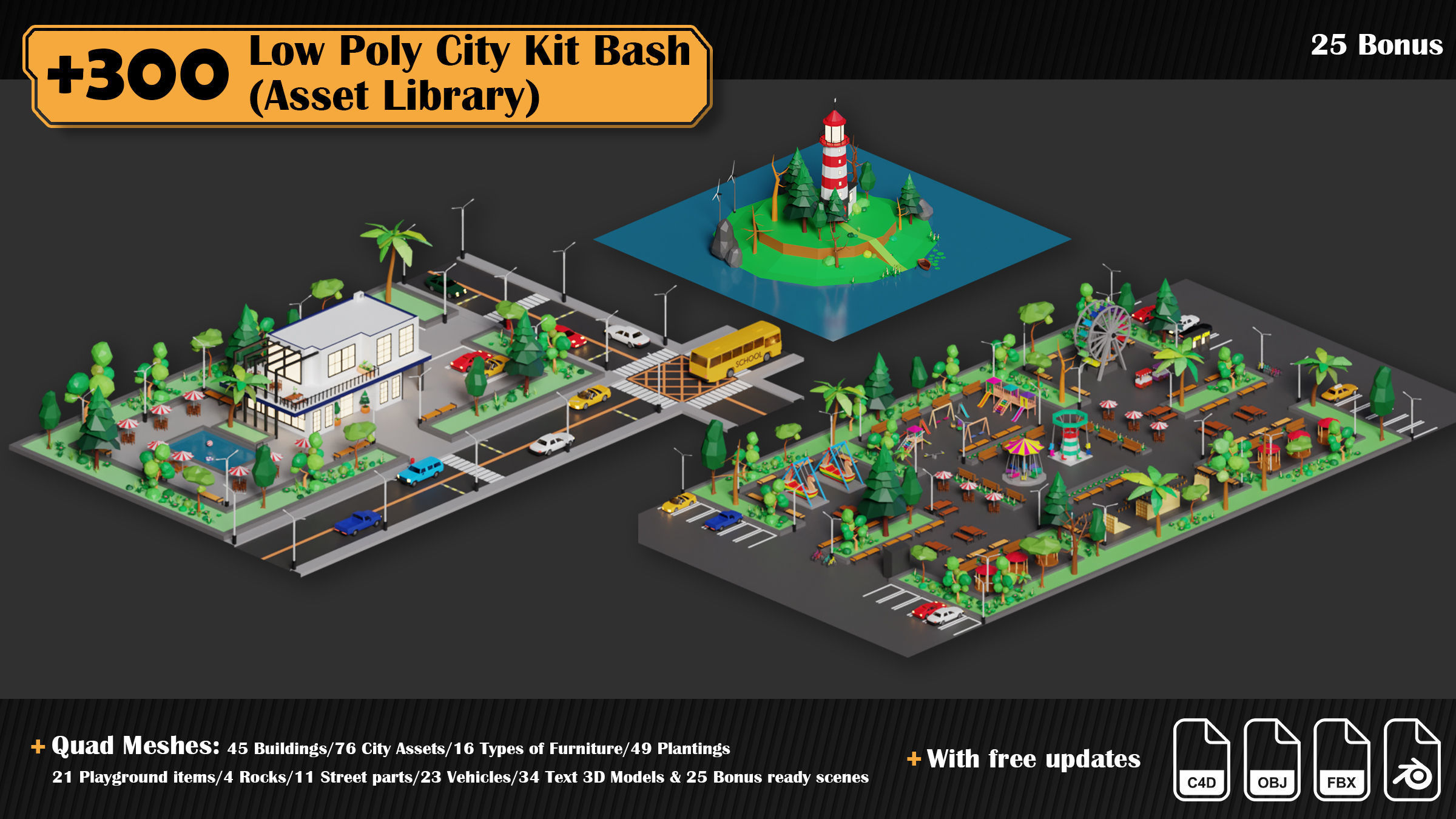 Low Poly City Asset Library 300 Objects Kitbash Low-poly 3D model_28