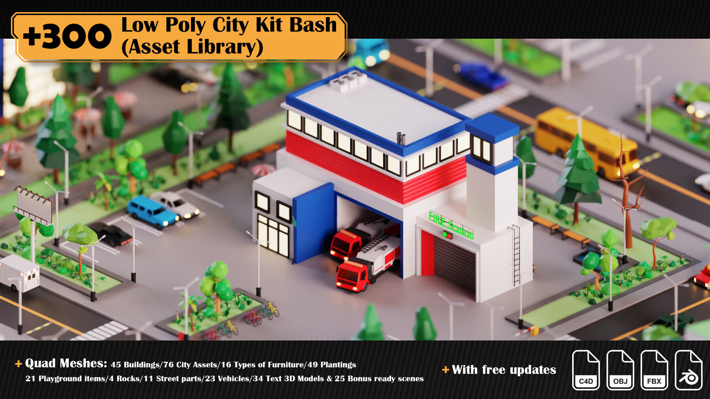 Low Poly City Asset Library 300 Objects Kitbash Low-poly 3D model_5
