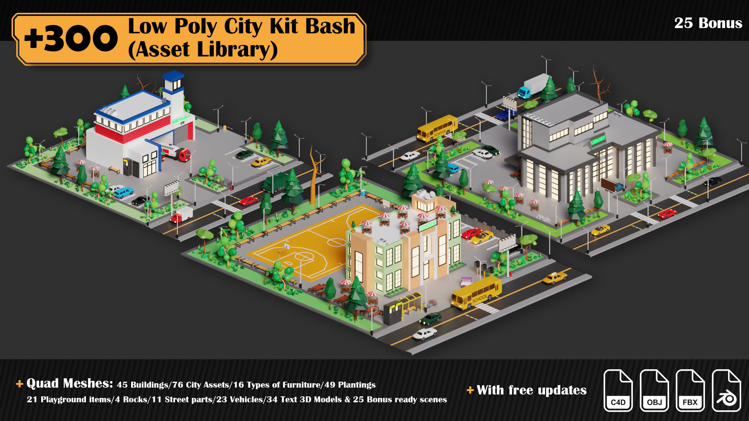 Low Poly City Asset Library 300 Objects Kitbash Low-poly 3D model_27