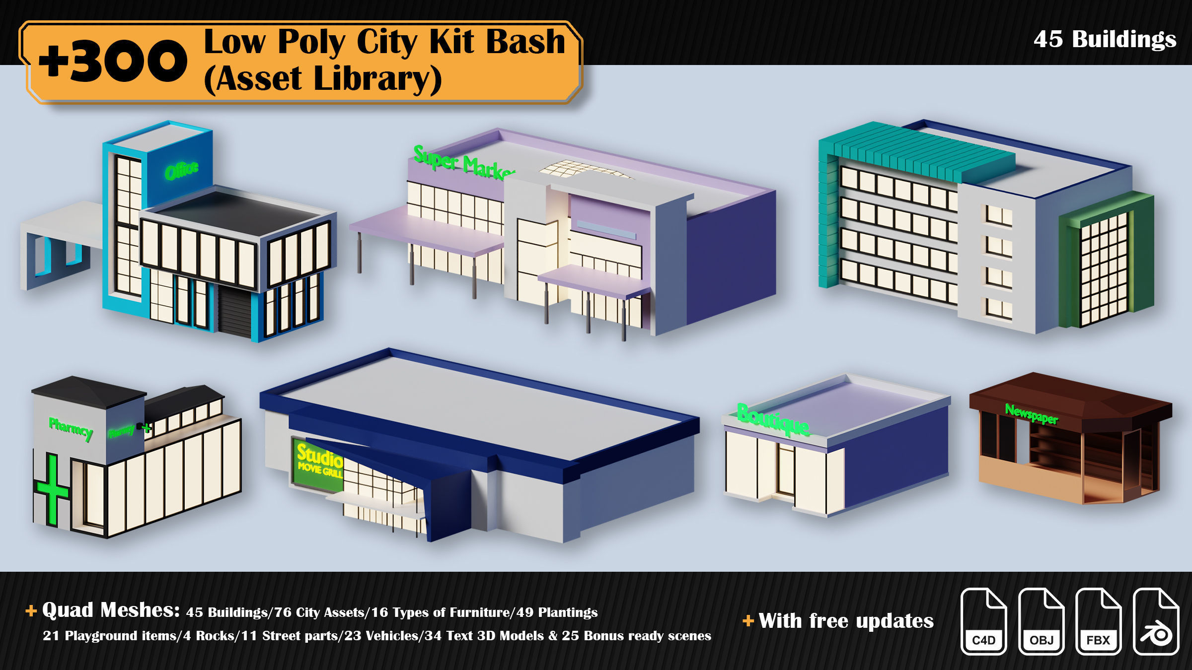 Low Poly City Asset Library 300 Objects Kitbash Low-poly 3D model_36