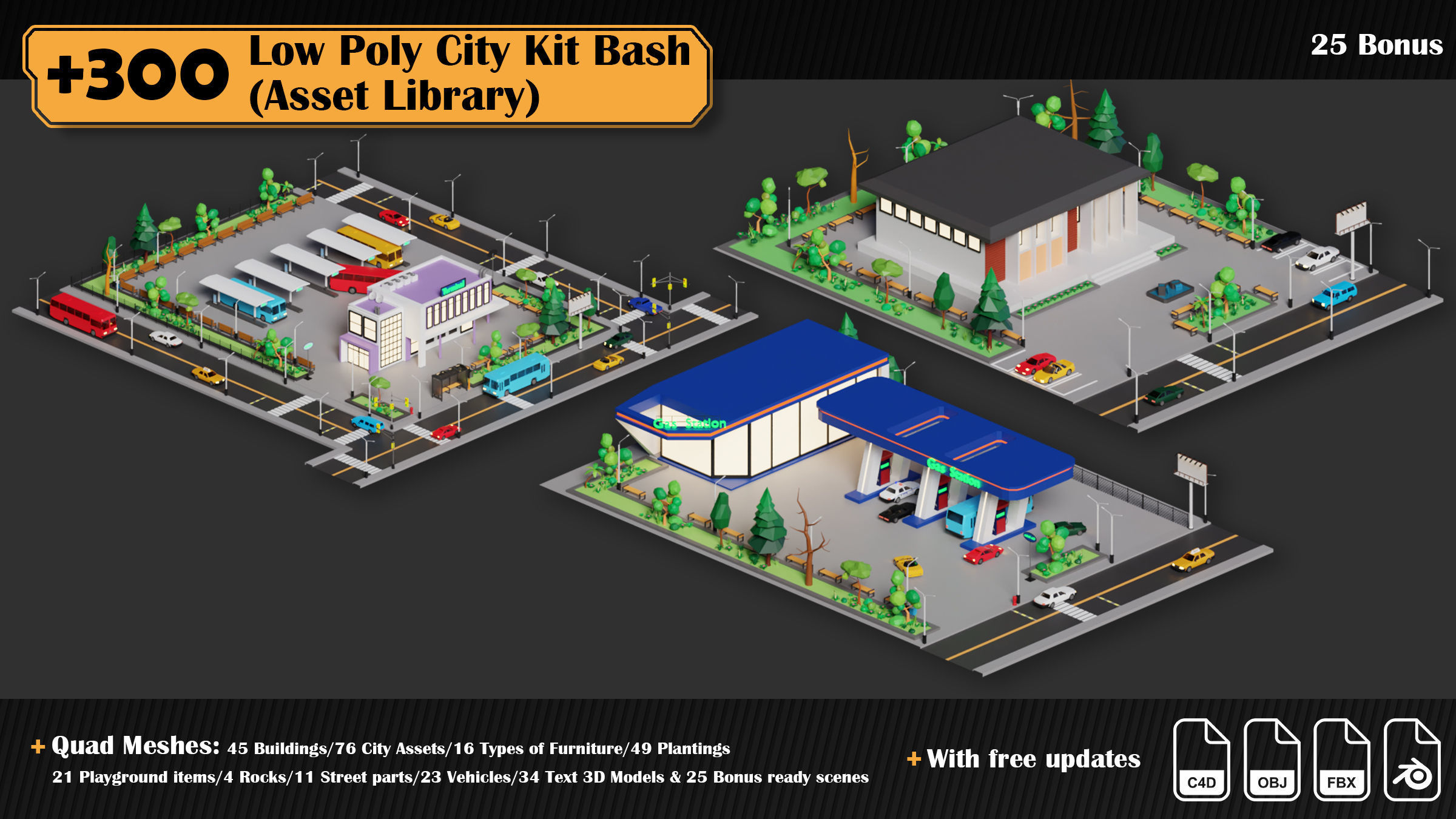 Low Poly City Asset Library 300 Objects Kitbash Low-poly 3D model_53
