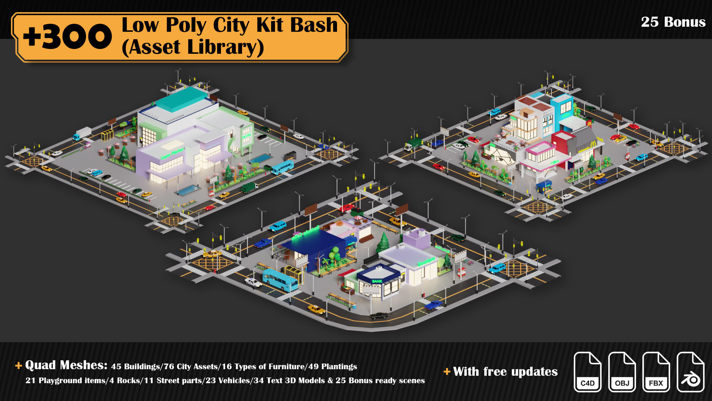 Low Poly City Asset Library 300 Objects Kitbash Low-poly 3D model_30