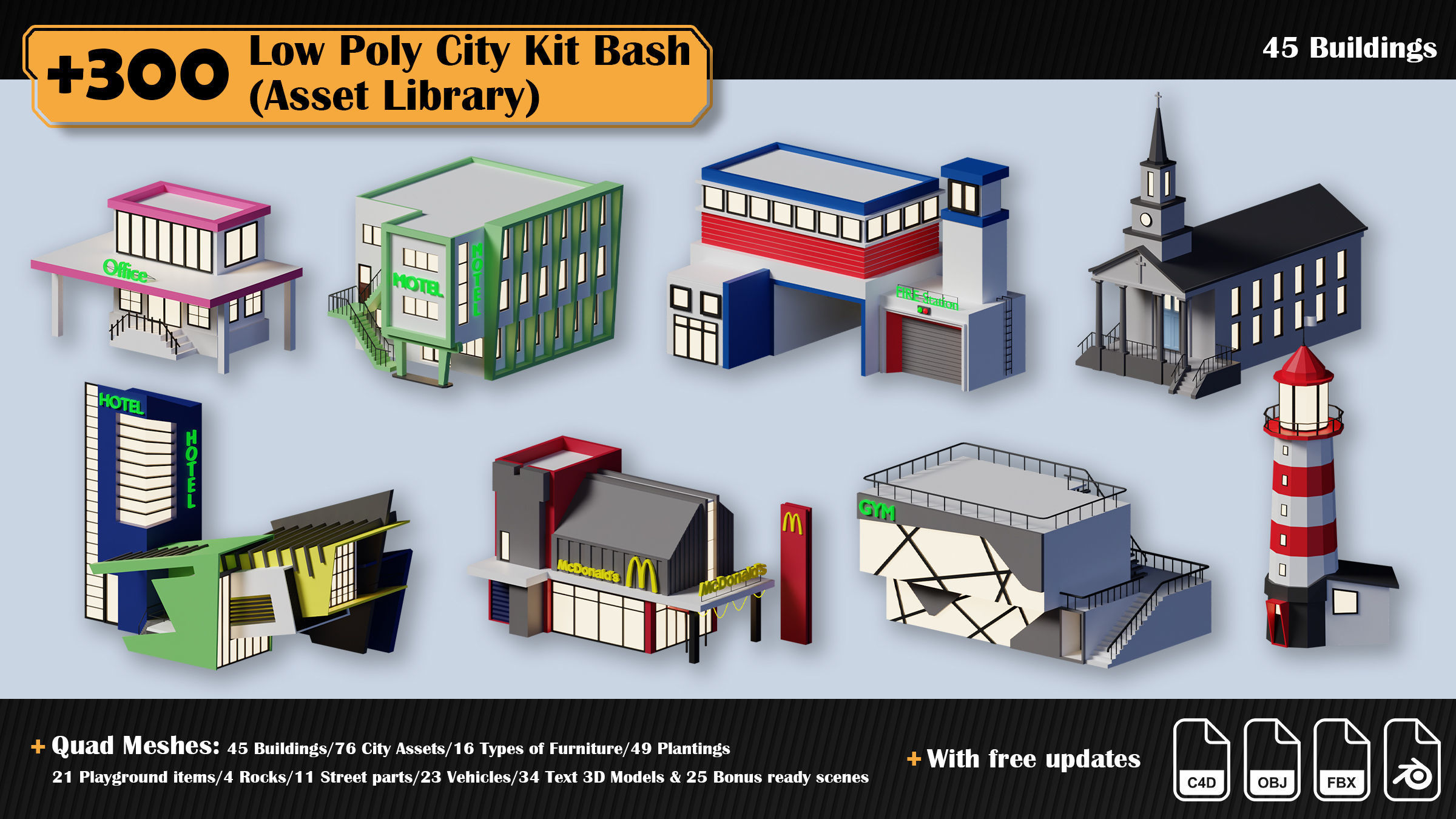 Low Poly City Asset Library 300 Objects Kitbash Low-poly 3D model_37
