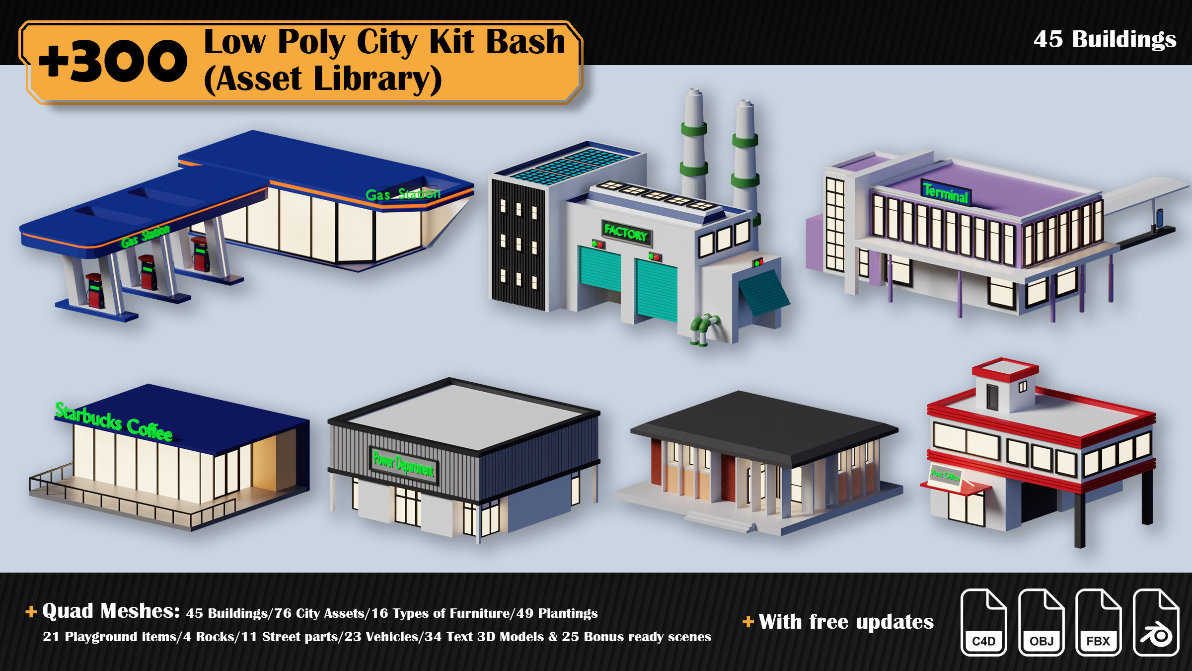 Low Poly City Asset Library 300 Objects Kitbash Low-poly 3D model_33